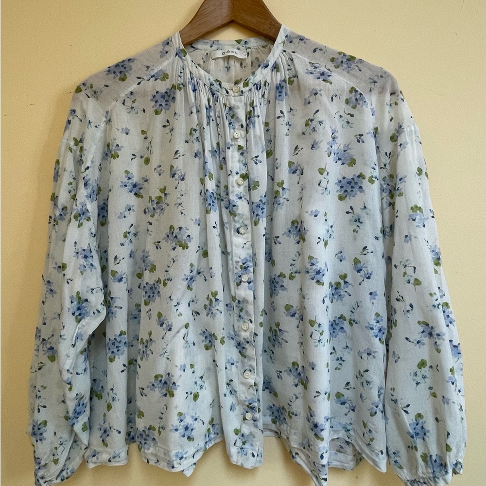 Doen Light Blue Floral Cotton Button-Front Blouse